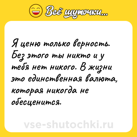 Шутка: Я ценю только верность. Без этого ты никто и у тебя нет никого. В жизни это единственная валюта, которая никогда не обесценится.