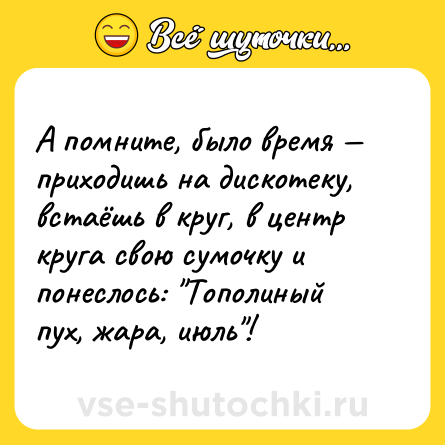 Шутка: А помните, было время — приходишь на дискотеку, встаёшь в круг, в центр круга свою сумочку и понеслось: 