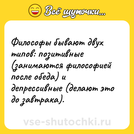 Шутка: Философы бывают двух типов: позитивные (занимаются философией после обеда) и депрессивные (делают это до завтрака).