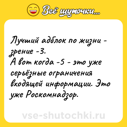 Шутка: Лучший адблок по жизни - зрение -3.<br>А вот когда -5 - это уже серьёзные ограничения входящей информации. Это уже Роскомнадзор.