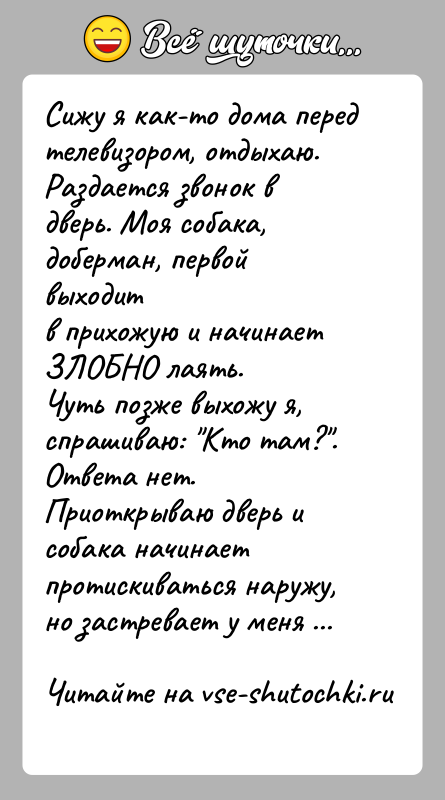 История: Сижу я как-то дома перед телевизором, отдыхаю.Раздается звонок в дверь. Моя собака, доберман, первой выходитв прихожую и начинает ЗЛОБНО лаять.Чуть