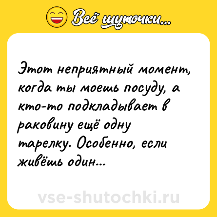 Шутка: Этот неприятный момент, когда ты моешь посуду, а кто-то подкладывает в раковину ещё одну тарелку. Особенно, если живёшь один...