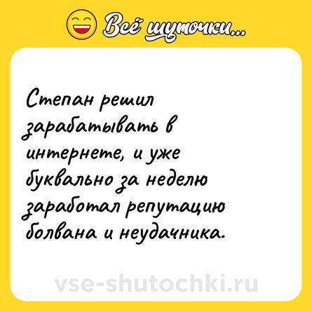 Шутка: Степан решил зарабатывать в интернете, и уже буквально за неделю заработал репутацию болвана и неудачника.