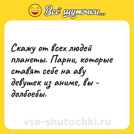 Шутка: Скажу от всех людей планеты. Парни, которые ставят себе на аву девушек из аниме, вы - долбоебы.