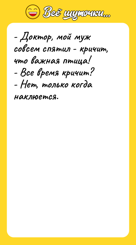 - Доктор, мой муж совсем спятил - кричит, что важная