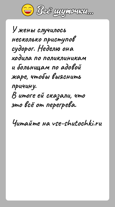 История: У жены случилось несколько приступов судорог. Неделю она ходила по поликлиникам и больницам по адовой жаре, чтобы выяснить причину.В итоге