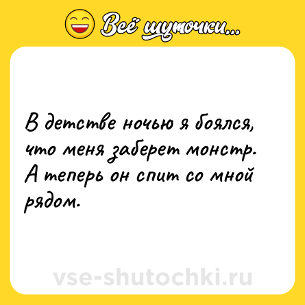 Шутка: В детстве ночью я боялся, что меня заберет монстр. А теперь он спит со мной рядом.