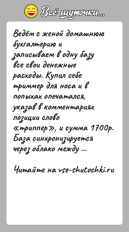 История: Ведём с женой домашнюю бухгалтерию и записываем в одну базу все свои денежные расходы. Купил себе триммер для носа и
