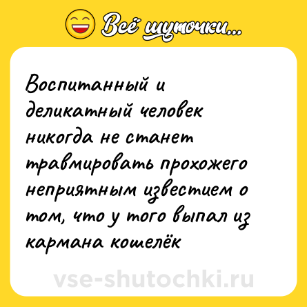 Шутка: Воспитанный и деликатный человек никогда не станет травмировать прохожего неприятным известием о том, что у того выпал из кармана кошелёк