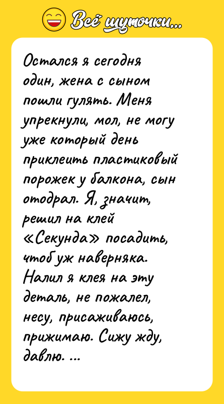 Остался я сегодня один, жена с сыном пошли гулять. Меня