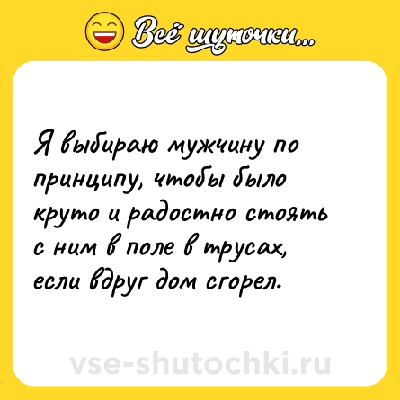 Шутка: Я выбираю мужчину по принципу, чтобы было круто и радостно стоять с ним в поле в трусах, если вдруг дом сгорел.