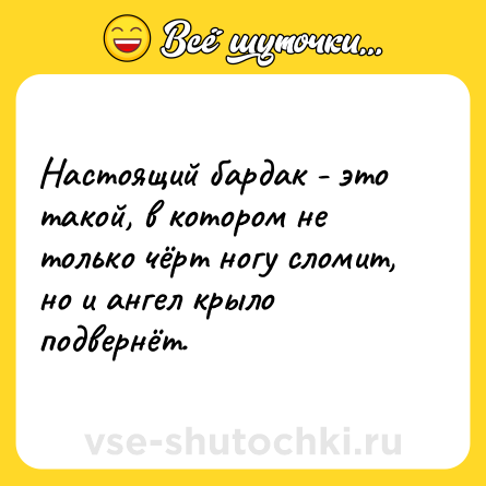 Шутка: Настоящий бардак - это такой, в котором не только чёрт ногу сломит, но и ангел крыло подвернёт.