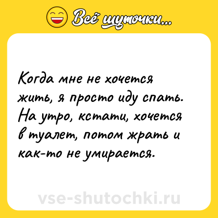 Шутка: Когда мне не хочется жить, я просто иду спать. <br>На утро, кстати, хочется в туалет, потом жрать и как-то не умирается.
