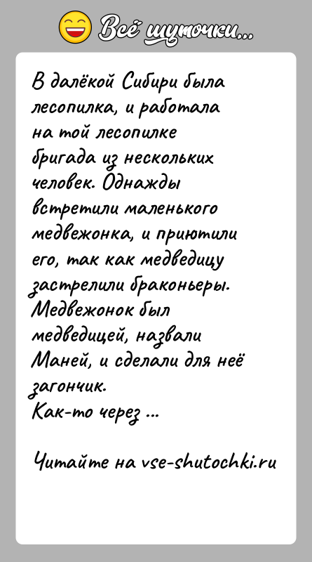 История: В далёкой Сибири была лесопилка, и работала на той лесопилке бригада из нескольких человек. Однажды встретили маленького медвежонка, и приютили