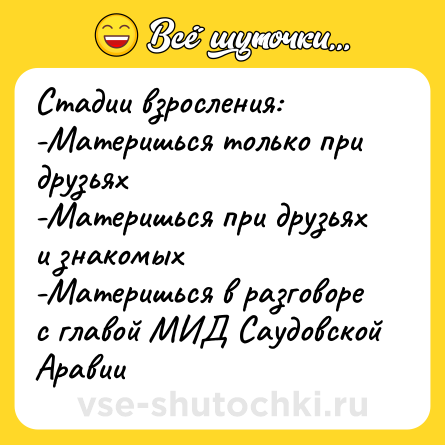 Шутка: Стадии взросления:<br>-Материшься только при друзьях<br>-Материшься при друзьях и знакомых<br>-Материшься в разговоре с главой МИД Саудовской Аравии