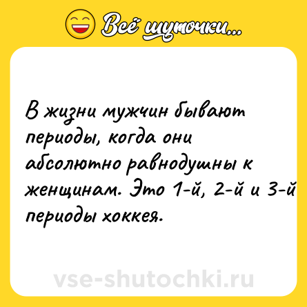 Шутка: В жизни мужчин бывают периоды, когда они абсолютно равнодушны к женщинам. Это 1-й, 2-й и 3-й периоды хоккея.