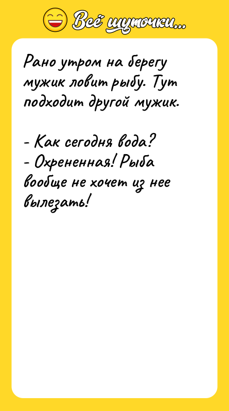 Рано утром на берегу мужик ловит рыбу. Тут подходит другой