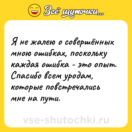 Шутка: Я не жалею о совершённых мною ошибках, поскольку каждая ошибка - это опыт. Спасибо всем уродам, которые повстречались мне на пути.