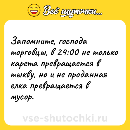 Шутка: Запомните, господа торговцы, в 24:00 не только карета превращается в тыкву, но и не проданная елка превращается в мусор.