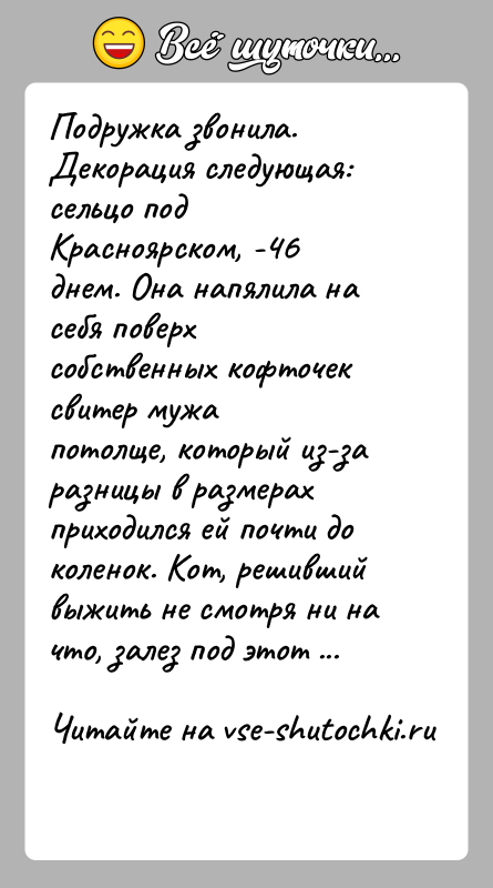 История: Подружка звонила. Декорация следующая: сельцо под Красноярском, -46днем. Она напялила на себя поверх собственных кофточек свитер мужапотолще, который из-за разницы