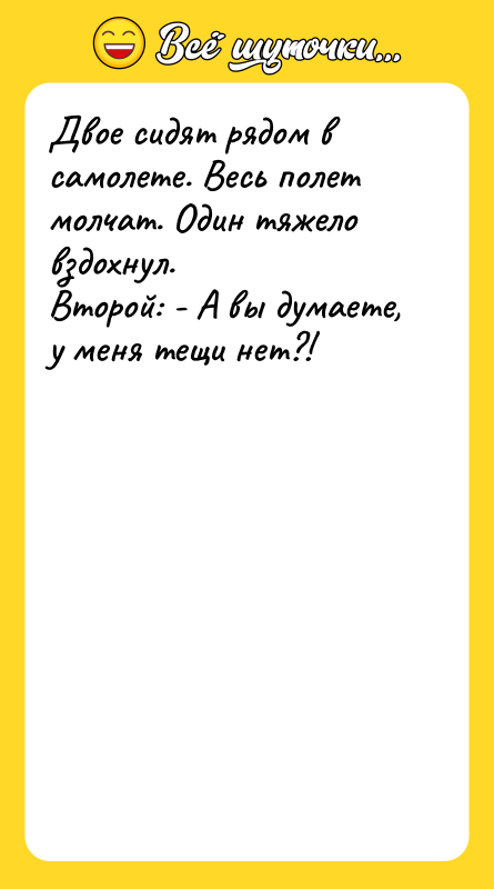 Двое сидят рядом в самолете. Весь полет молчат. Один тяжело