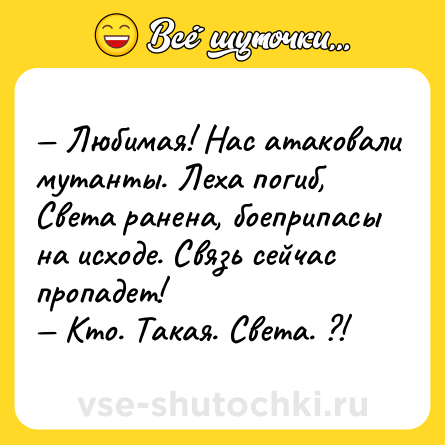 Шутка: — Любимая! Нас атаковали мутанты. Леха погиб, Света ранена, боеприпасы на исходе. Связь сейчас пропадет! <br>— Кто. Такая. Света. ?!
