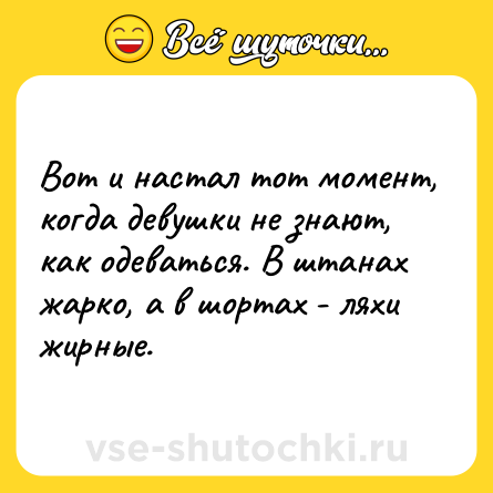 Шутка: Вот и настал тот момент, когда девушки не знают, как одеваться. В штанах жарко, а в шортах - ляхи жирные.