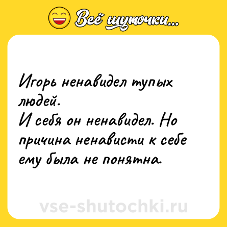 Шутка: Игорь ненавидел тупых людей. <br>И себя он ненавидел. Но причина ненависти к себе ему была не понятна.