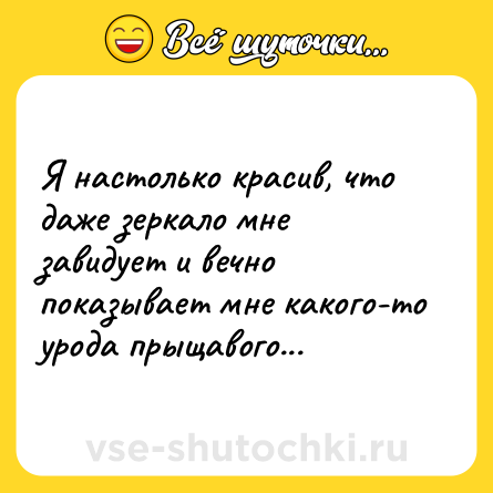 Шутка: Я настолько красив, что даже зеркало мне завидует и вечно показывает мне какого-то урода прыщавого...