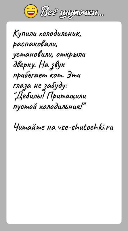 История: Купили холодильник, распаковали, установили, открыли дверку. На звук прибегает кот. Эти глаза не забуду: Дебилы! Притащили пустой холодильник!