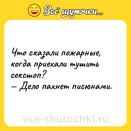 Шутка: Что сказали пожарные, когда приехали тушить сексшоп?<br>— Дело пахнет писюнами.
