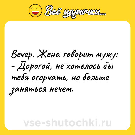 Шутка: Вечер. Жена говорит мужу:<br>- Дорогой, не хотелось бы тебя огорчать, но больше заняться нечем.