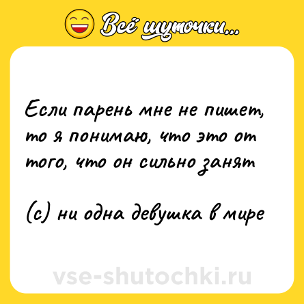 Шутка: Если парень мне не пишет, то я понимаю, что это от того, что он сильно занят <br>(с) ни одна девушка в мире