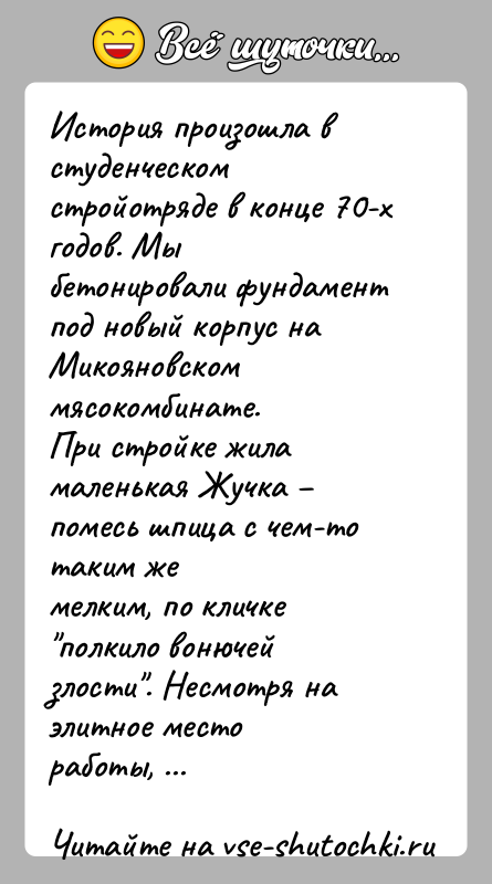 История: История произошла в студенческом стройотряде в конце 70-х годов. Мыбетонировали фундамент под новый корпус на Микояновском мясокомбинате.При стройке жила маленькая