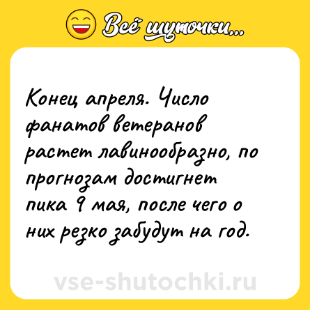 Шутка: Конец апреля. Число фанатов ветеранов растет лавинообразно, по прогнозам достигнет пика 9 мая, после чего о них резко забудут на год.