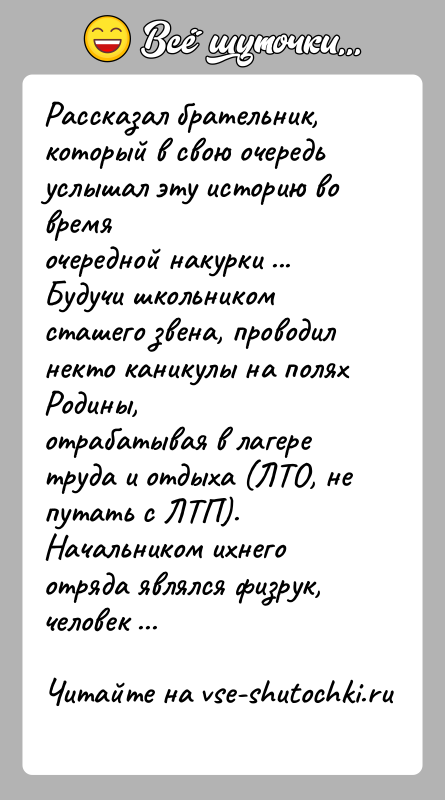 История: Рассказал брательник, который в свою очередь услышал эту историю во времяочередной накурки ...Будучи школьником сташего звена, проводил некто каникулы на