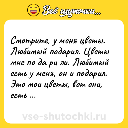 Шутка: Смотрите, у меня цветы. Любимый подарил. Цветы мне по да ри ли. Любимый есть у меня, он и подарил. Это мои цветы, вот они, есть у меня!