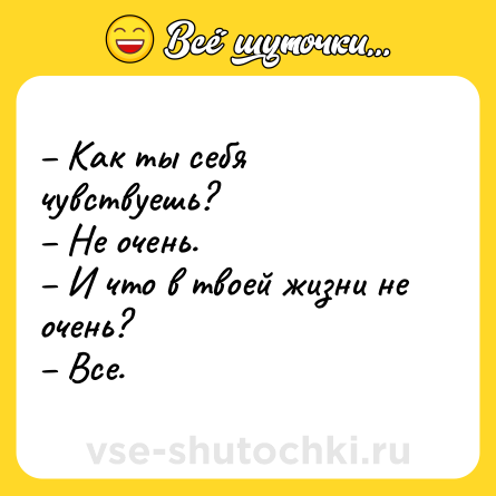 Шутка: – Как ты себя чувствуешь?<br>– Не очень. <br>– И что в твоей жизни не очень?<br>– Все.