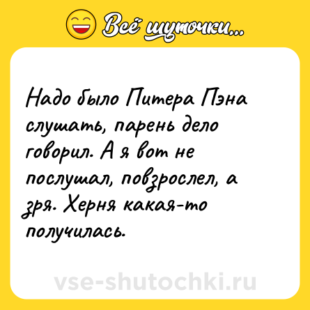 Шутка: Надо было Питера Пэна слушать, парень дело говорил. А я вот не послушал, повзрослел, а зря. Херня какая-то получилась.