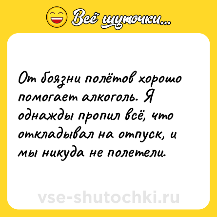 Шутка: От боязни полётов хорошо помогает алкоголь. Я однажды пропил всё, что откладывал на отпуск, и мы никуда не полетели.