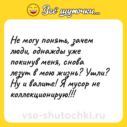 Шутка: Не могу понять, зачем люди, однажды уже покинув меня, снова лезут в мою жизнь? Ушли? Ну и валите! Я мусор не коллекционирую!!!