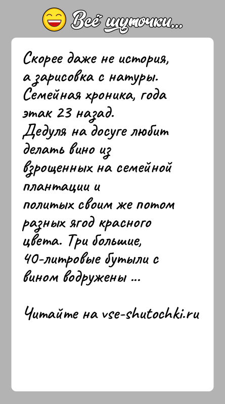 История: Скорее даже не история, а зарисовка с натуры. Семейная хроника, годаэтак 23 назад.Дедуля на досуге любит делать вино из взрощенных