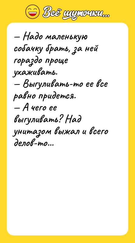 — Надо маленькую собачку брать, за ней гораздо проще ухаживать.