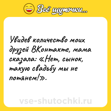 Шутка: Увидев количество моих друзей ВКонтакте, мама сказала: «Нет, сынок, такую свадьбу мы не потянем!».