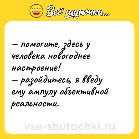 Шутка: — помогите, здесь у человека новогоднее настроение! <br>— разойдитесь, я введу ему ампулу объективной реальности.
