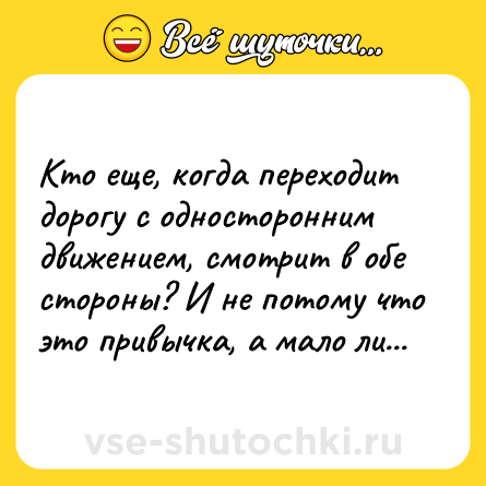 Шутка: Кто еще, когда переходит дорогу с односторонним движением, смотрит в обе стороны? И не потому что это привычка, а мало ли...