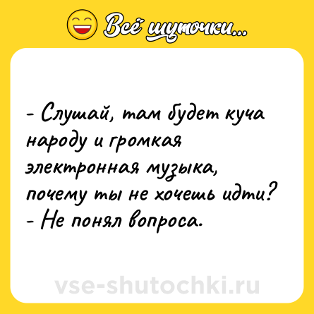 Шутка: - Слушай, там будет куча народу и громкая электронная музыка, почему ты не хочешь идти?<br>- Не понял вопроса.