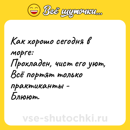 Шутка: Как хорошо сегодня в морге:<br>Прохладен, чист его уют,<br>Всё портят только практиканты -<br>Блюют.