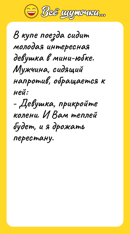В купе поезда сидит молодая интересная девушка в мини-юбке. Мужчина,