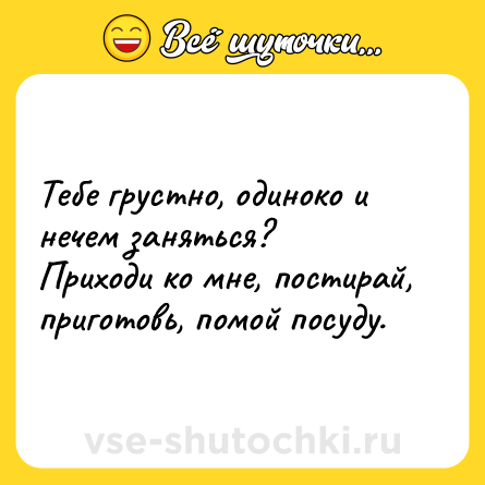 Шутка: Тебе грустно, одиноко и нечем заняться? <br>Приходи ко мне, постирай, приготовь, помой посуду.